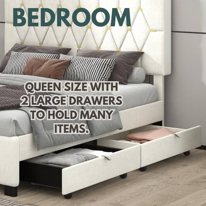Queen Size Trundle Bed Upholstered Platform Bed Frame with Pull-Out Twin Trundle and Two Storage Drawers, No Box Spring Needed