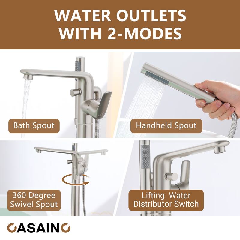 CASAINC Single-Handle Freestanding Floor-Mount Roman Tub Faucet with Handheld Shower