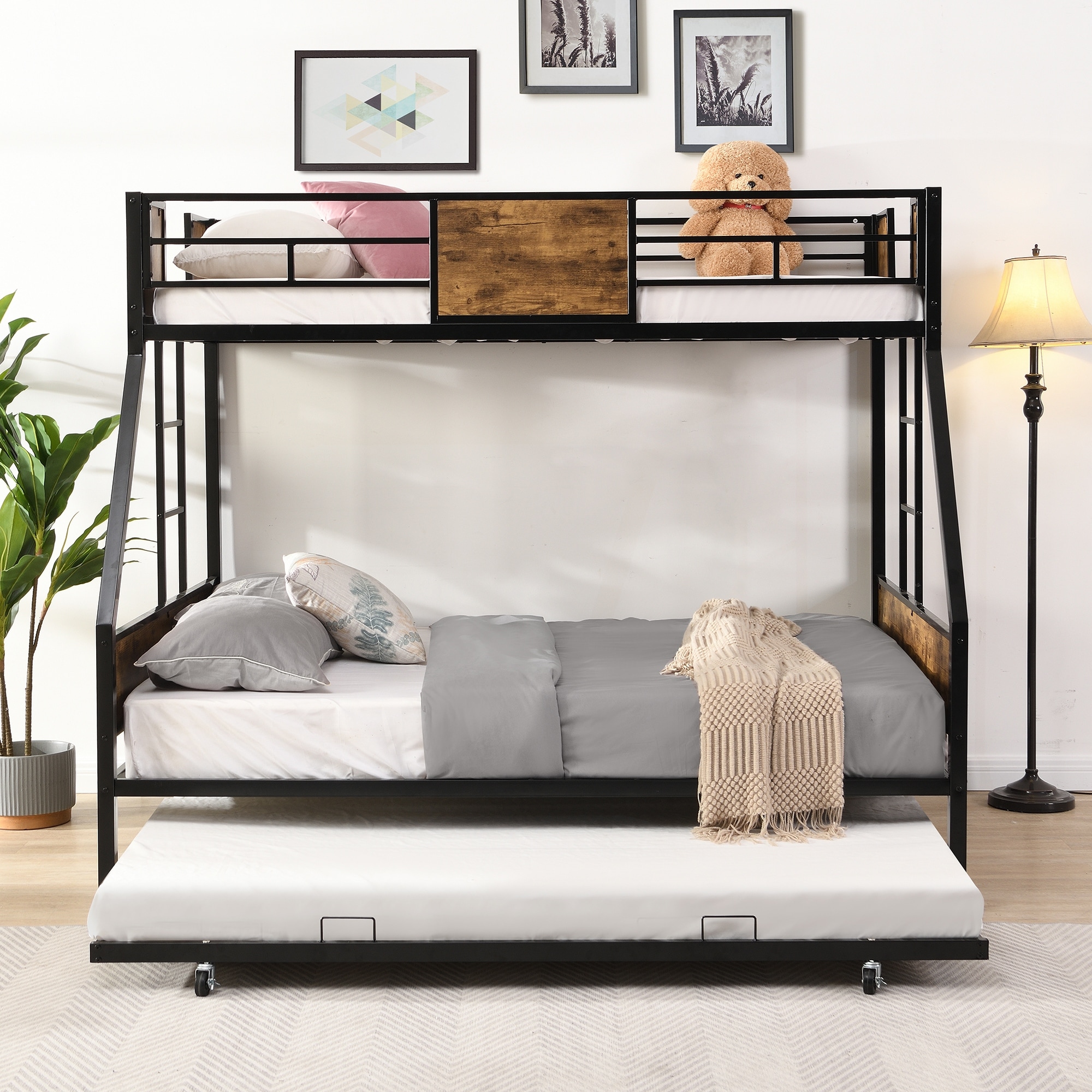 Twin Over Full Bed with Trundle 2, Side Ladder and Full-Length Guardrail, No Box Spring Needed, Large Under Bed Storage