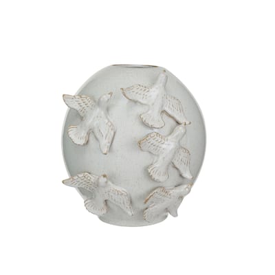 Stoneware Vase with Birds and Reactive Glaze