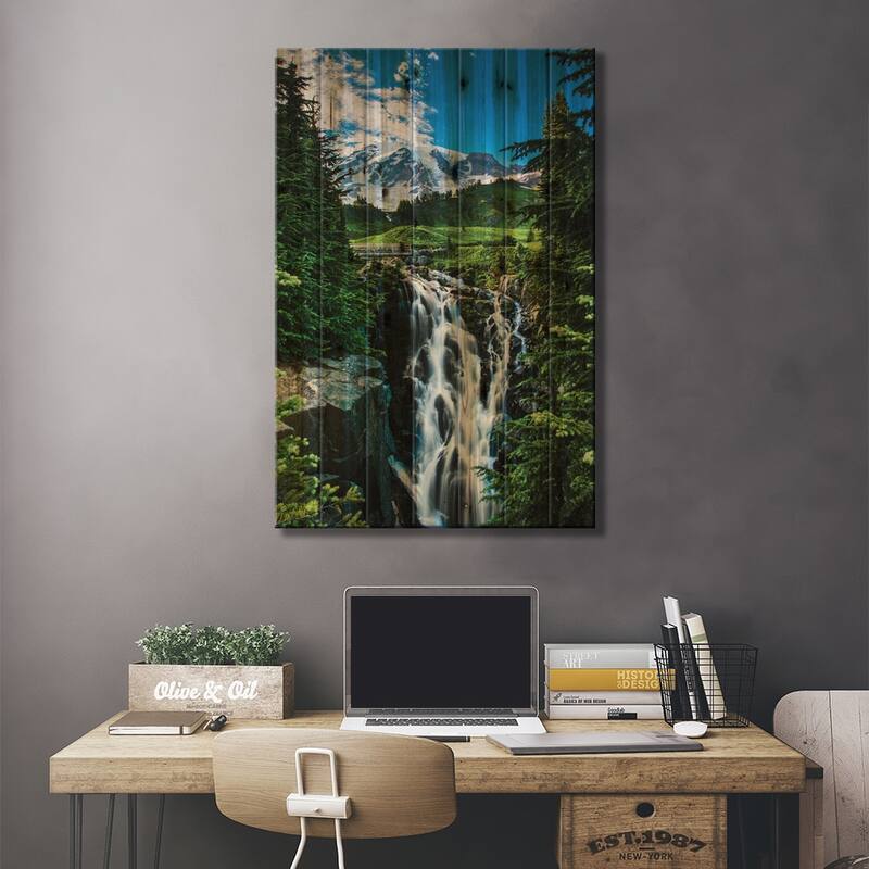 USA, Washington State, Mount Rainier National Park, Mount Rainier, waterfall Print On Wood by George Theodore - Multi-Color