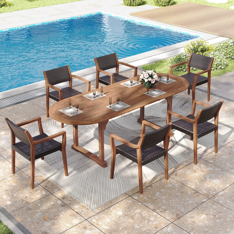 MAISON ARTS 7/9-Piece Acacia Wood Outdoor Dining Set for 6/8, Expandable Table with Wicker Chairs, Farmhouse Patio Furniture - Elegant Farmhouse Style for Patio, Deck, and Yard|7-Piece