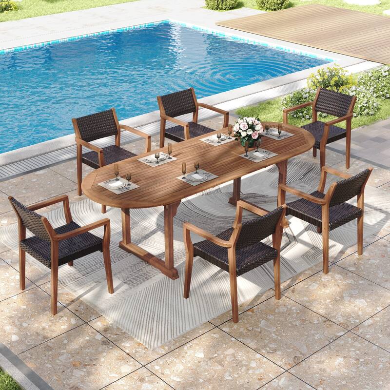 MAISON ARTS 7/9-Piece Acacia Wood Outdoor Dining Set for 6/8, Expandable Table with Wicker Chairs, Farmhouse Patio Furniture -  Elegant Farmhouse Style for Patio, Deck, and Yard|7-Piece