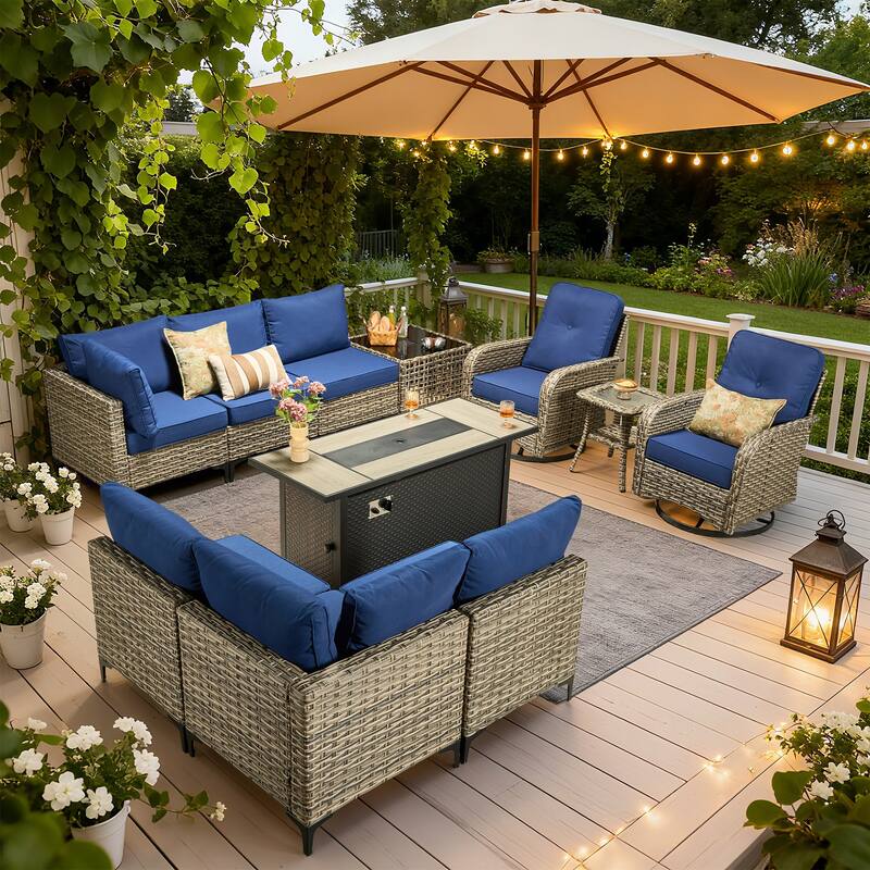 HOOOWOOO 11-piece Outdoor Patio Sofa Wicker Furniture Swivel Chair Set with 54" Fire Pit Table - Navy Blue