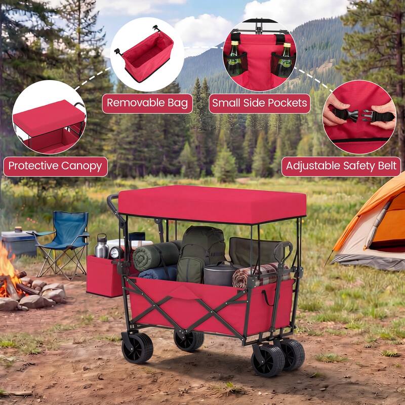 Gymax Collapsible Wagon w/Removable Canopy Adjustable Handles