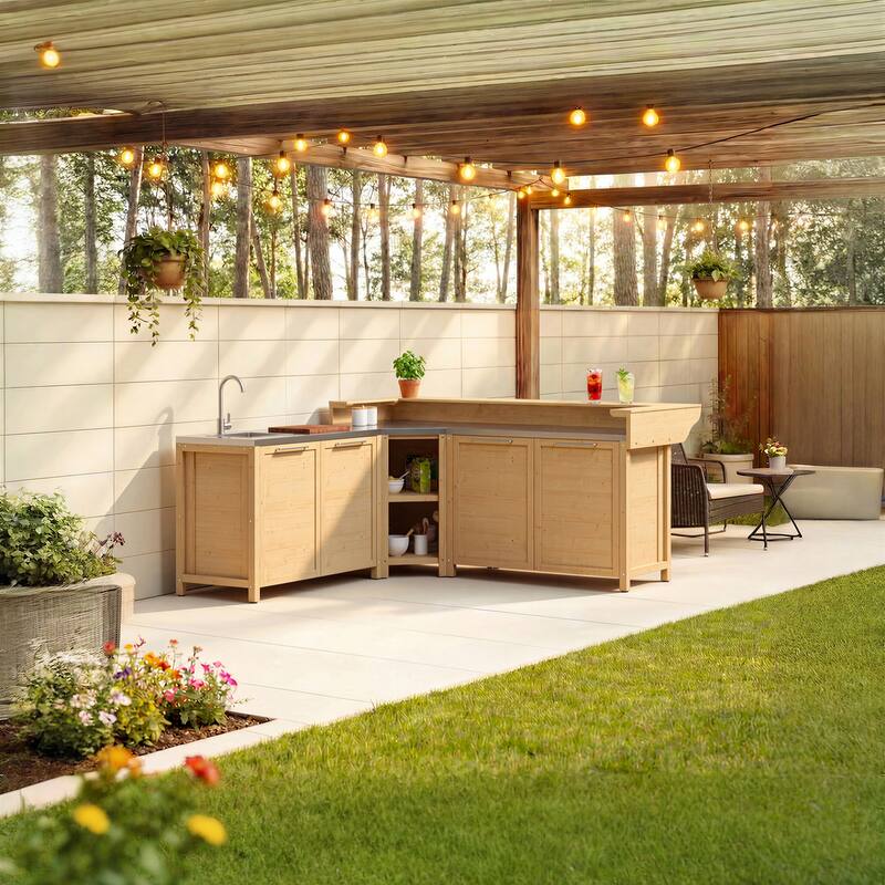 Modular Outdoor Kitchen Island Set, 100% Solid Wood BBQ Cabinet , Patio Kitchen Bar Table