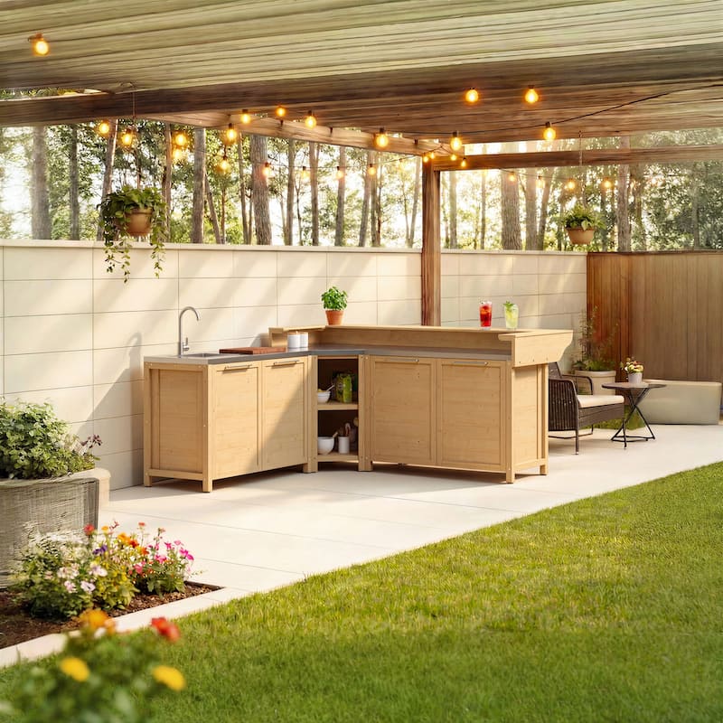 Outdoor BBQ Kitchen Cabinet Set, 100% Solid Wood Patio Kitchen Storage Stainless Steel Countertop