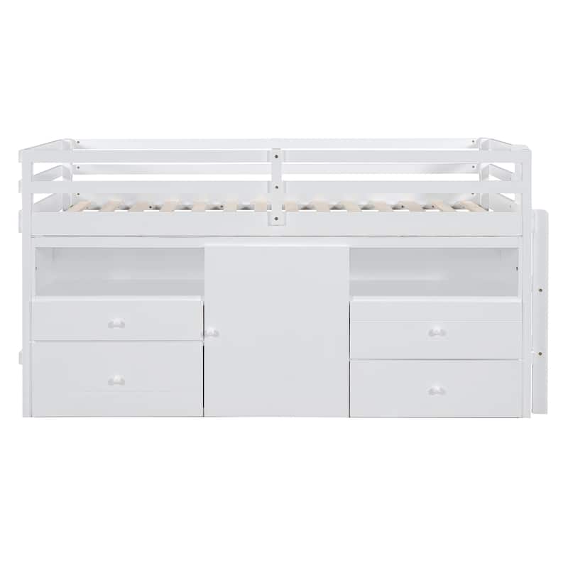White Twin Size Solid Wood Loft Bed with Drawers and Cabinet