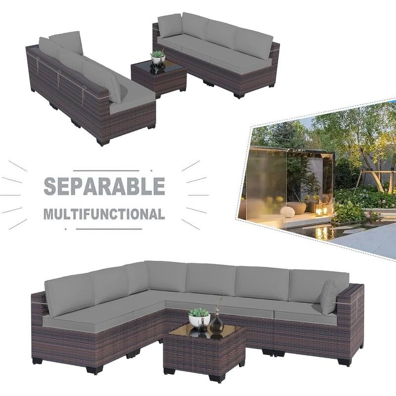 7-Piece Patio Furniture Set, Wicker Outdoor Seatings Conversation Sofa with Side Table - 7-Pieces