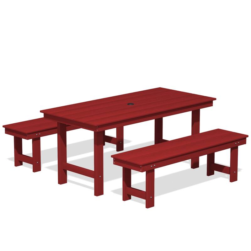 3-Piece HDPE Outdoor Dining Set with Umbrella Hole Table and Two 2-Person Benches