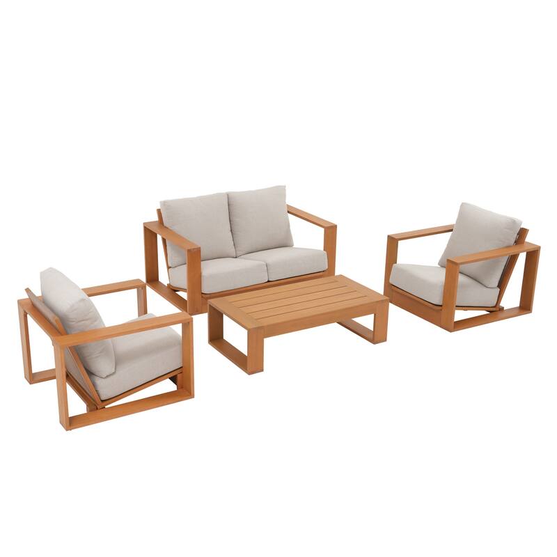 Outdoor Conversation Set 4-Piece Eucalyptus Wood Sofa Weather‑resistant Rope Weave Loveseat with Coffee Table