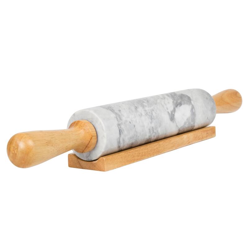 Creative Home Gray Marble 18" Length Rolling Pin w/Deluxe Wood Handles and Cradle