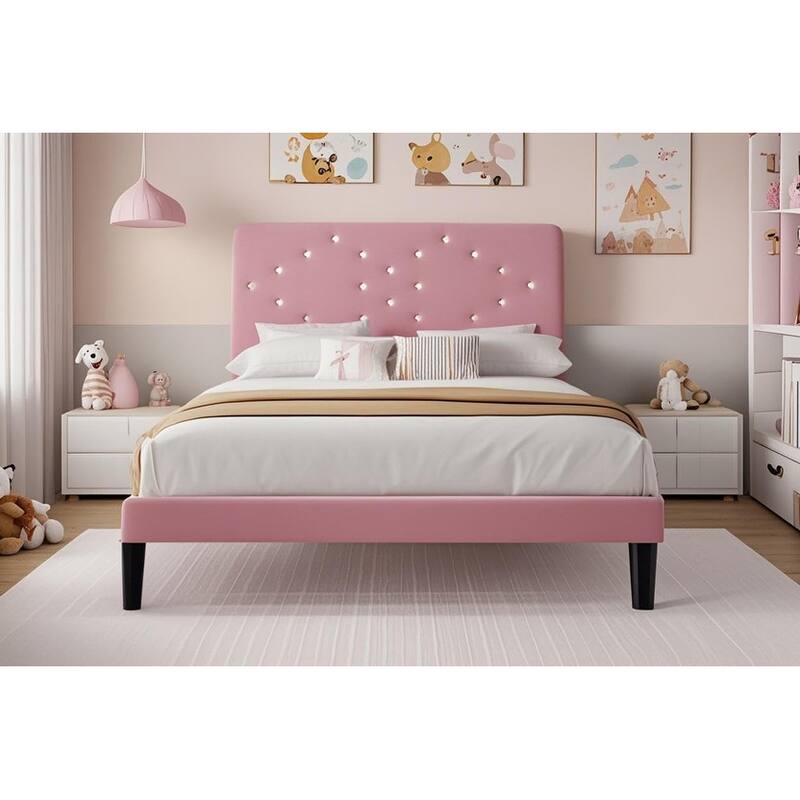 Bed Frames with Button Tufted Headboard, Linen Upholstered Platform Bed with Wooden Slats Support
