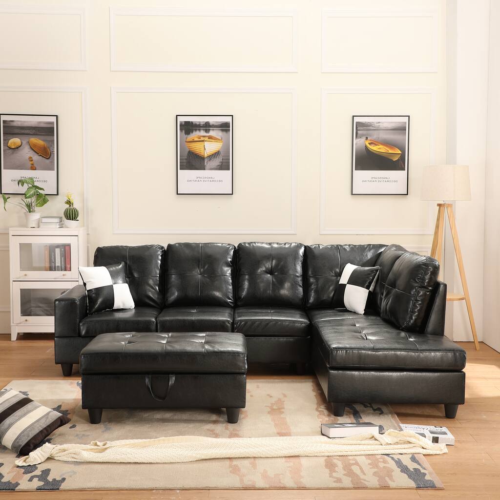 Faux Leather Sectional Sofa with Storage Ottoman - Overstock - 31519652