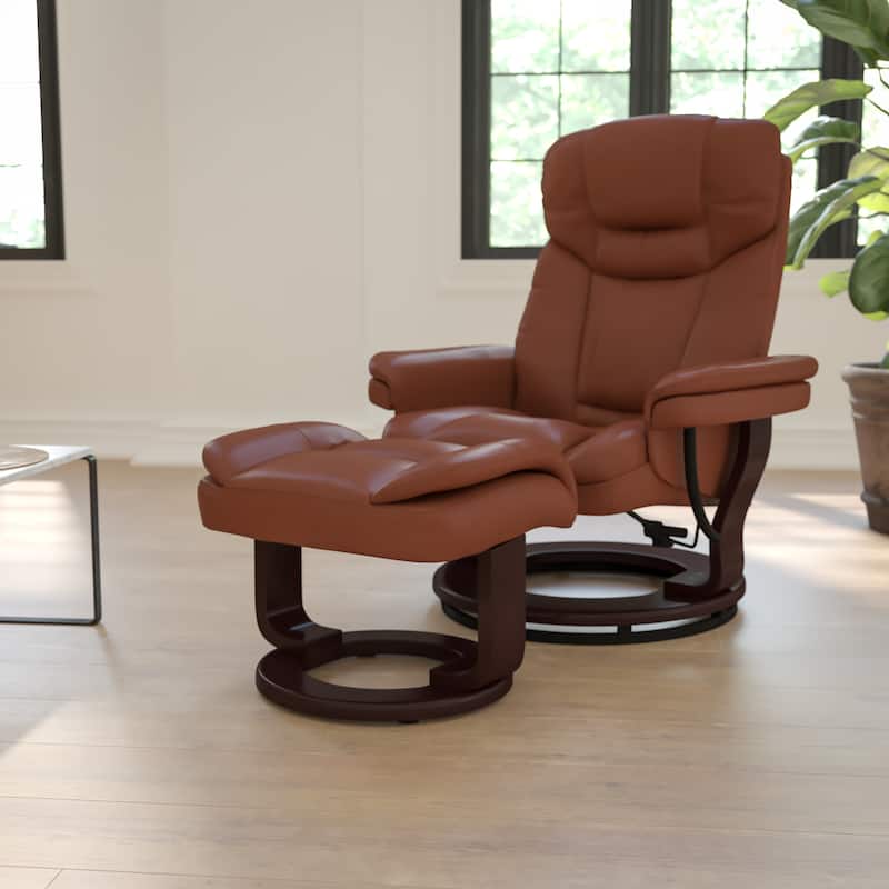 Contemporary Multi-Position Recliner and Curved Ottoman with Swivel Base - 34" - 44.5"D x 33"W x 41.25"H - Brown Vintage