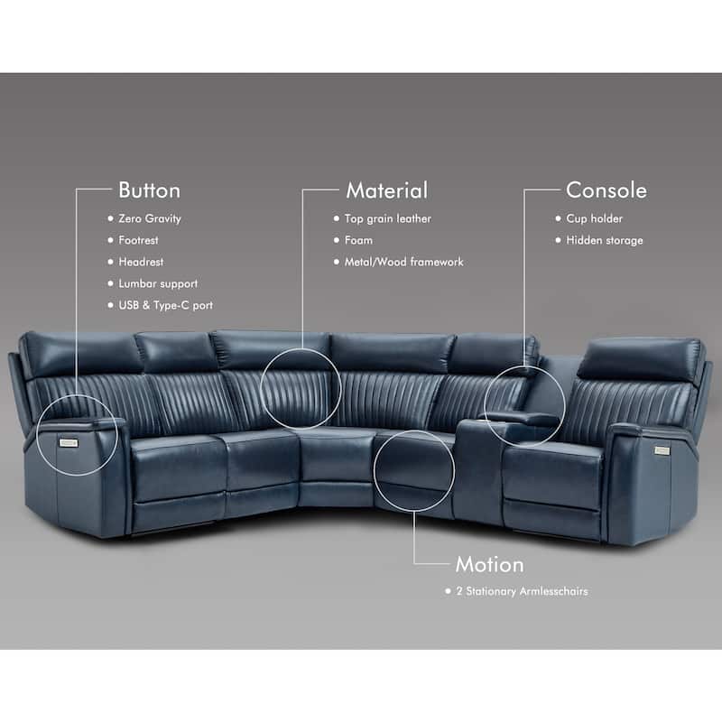 105" W Genuine Leather Power Sectional Sofa Set with Power Headrest & Lumbar, Single Console, USB&USB-C Ports