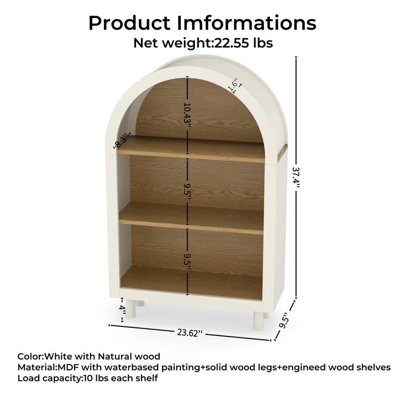 Freestanding Modern Arched Small Bookcase, Storage Cabinet with 3-Tier Storage Shelf
