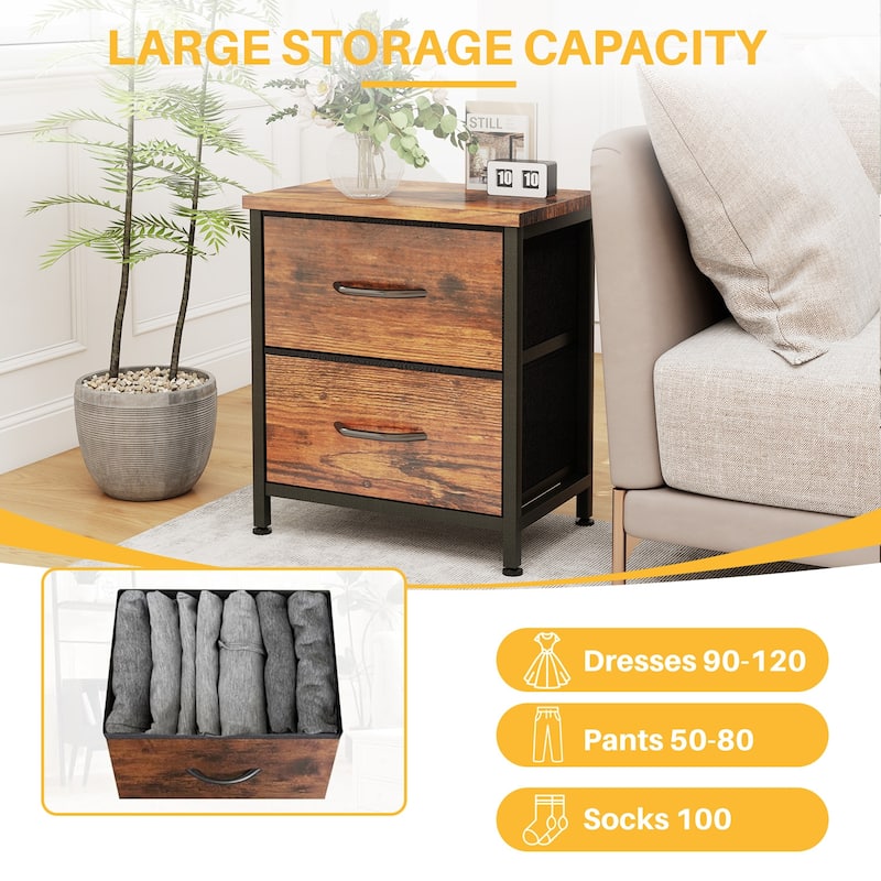 Nightstand, Bedside Table with 2 Storage Drawers, Wooden Top Fabric Cabinet Kids Mini Dresser for Bedroom, Closet, Entryway