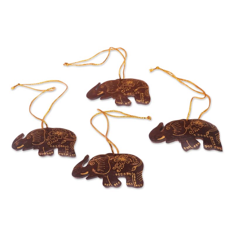 Novica Handmade Imperial Elephants Coconut Shell Ornaments (Set Of 4)