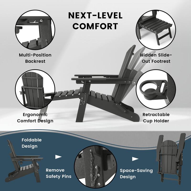 Laguna Outdoor Folding Adjustable Adirondack Chair with Cup Holder & Hideaway Ottoman (Set of 2)