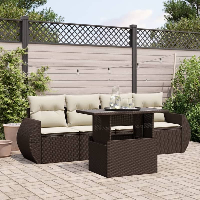 vidaXL Patio Sofa Set with Cushions Outdoor Furniture 5 Piece Poly Rattan - 21.7 x 39.4 x 28.7 - Brown and Cream-without storage