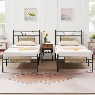 VECELO Industrial Kids Bed Frame with Wood Headboard,Twin Size Bed Set of 2