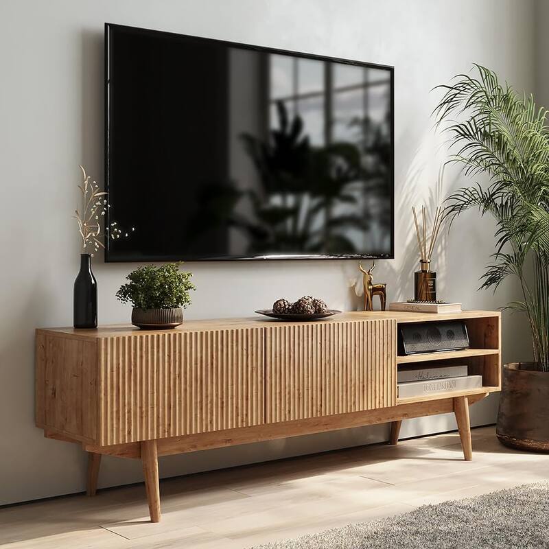Living Skog Kelly TV Stand Console Fits TV's up to 65 in. with Wood Legs in Mid Century Modern Scandinavian Design - 59 in - Taupe