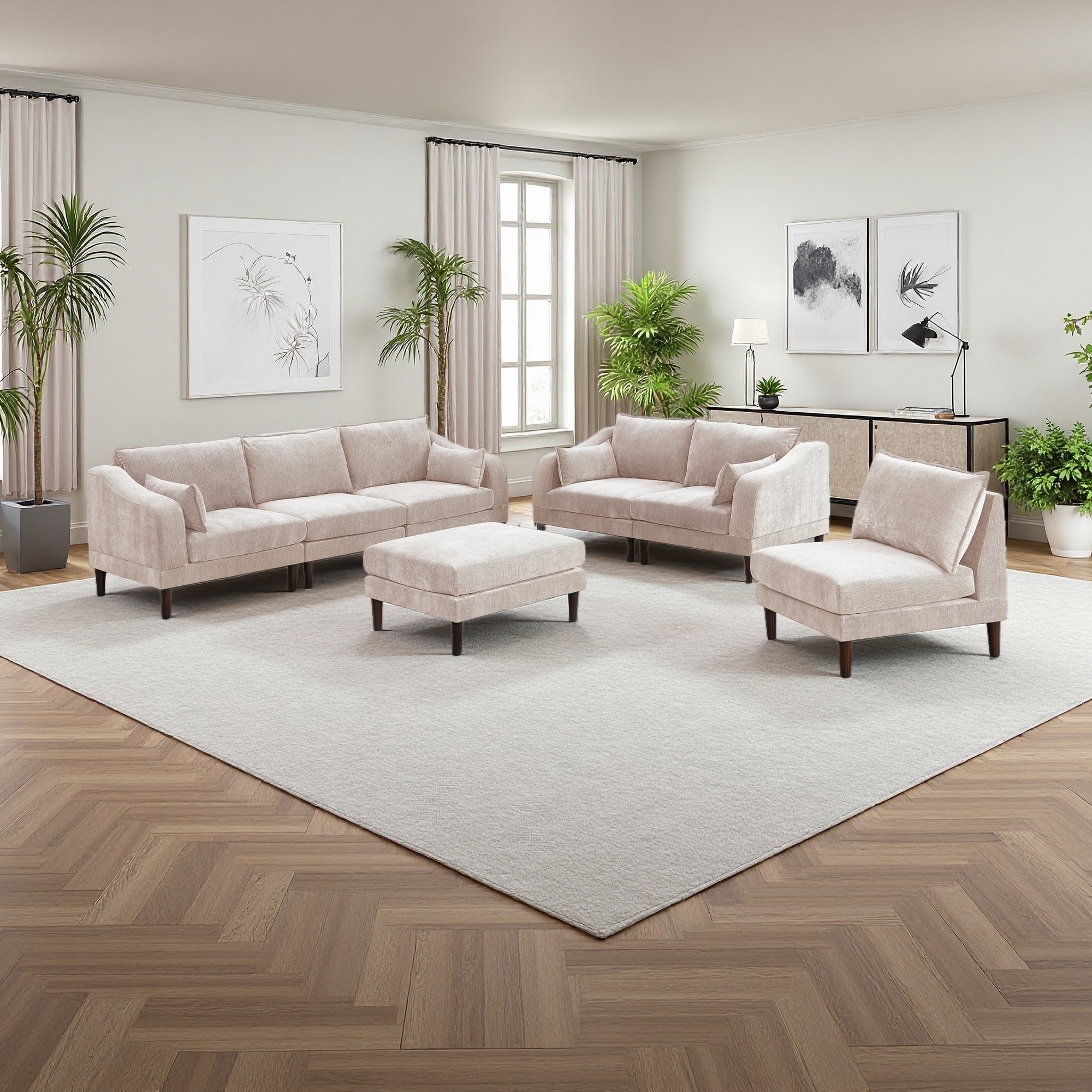 93" Fabric Modular 6-Piece Sofa with 4 One-Arm Chairs, 1 Ottoman and Cushion Pillows