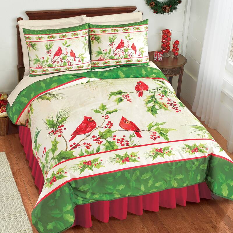 Festive Holiday Cardinal and Holly 3-Piece Comforter Set - Full/Queen