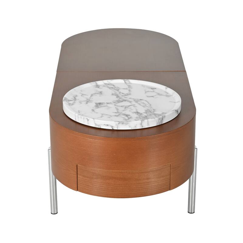 47.2" Lift Top Coffee Table with 360° Rotating Tray - Marble-Patterned Modern Oval Table with Hidden Compartment for Living Room