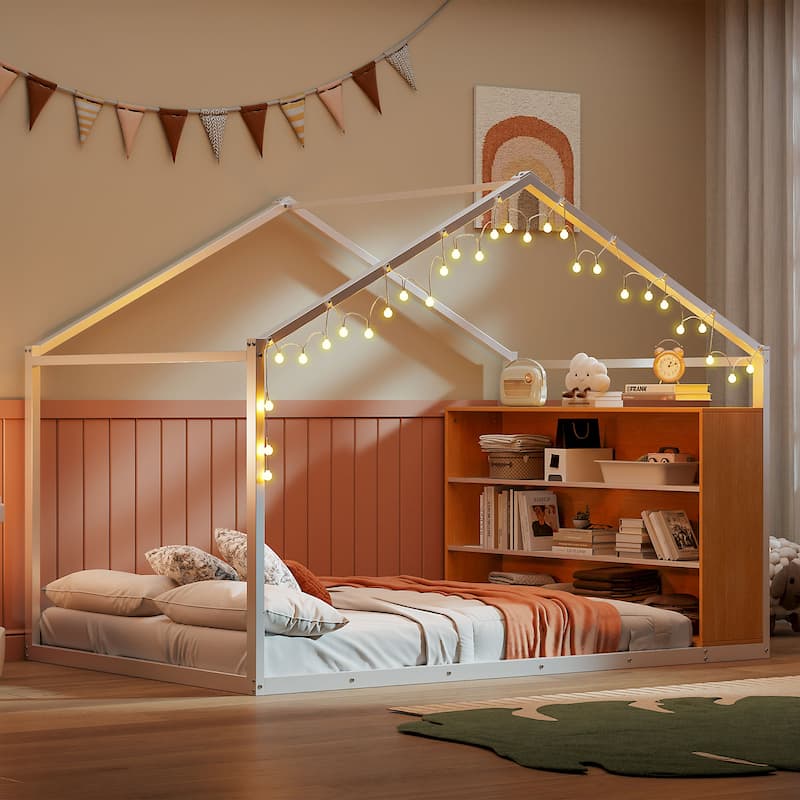 Full Size Metal Bed House Bed Frame with Shelves and Lights, White