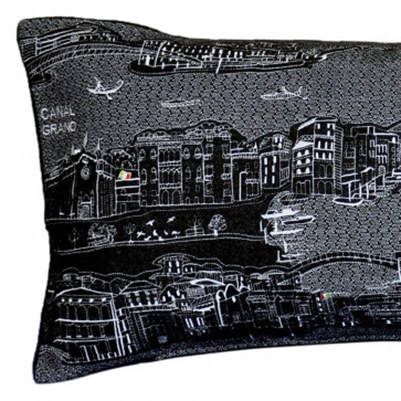 HomeRoots 35" Black Venice Nighttime Skyline Lumbar Decorative Pillow