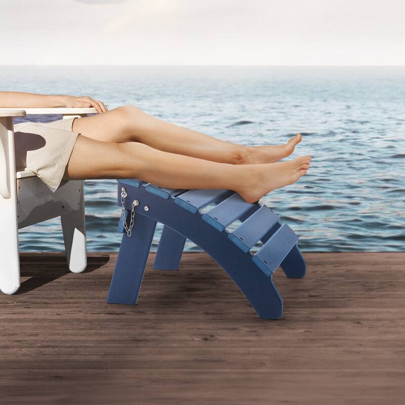Blue HDPE Foldable Adirondack Ottoman Foot Stool with Slatted Surface Ideal for Outdoor Use - 18.7 x 18.9 x 13.8 in