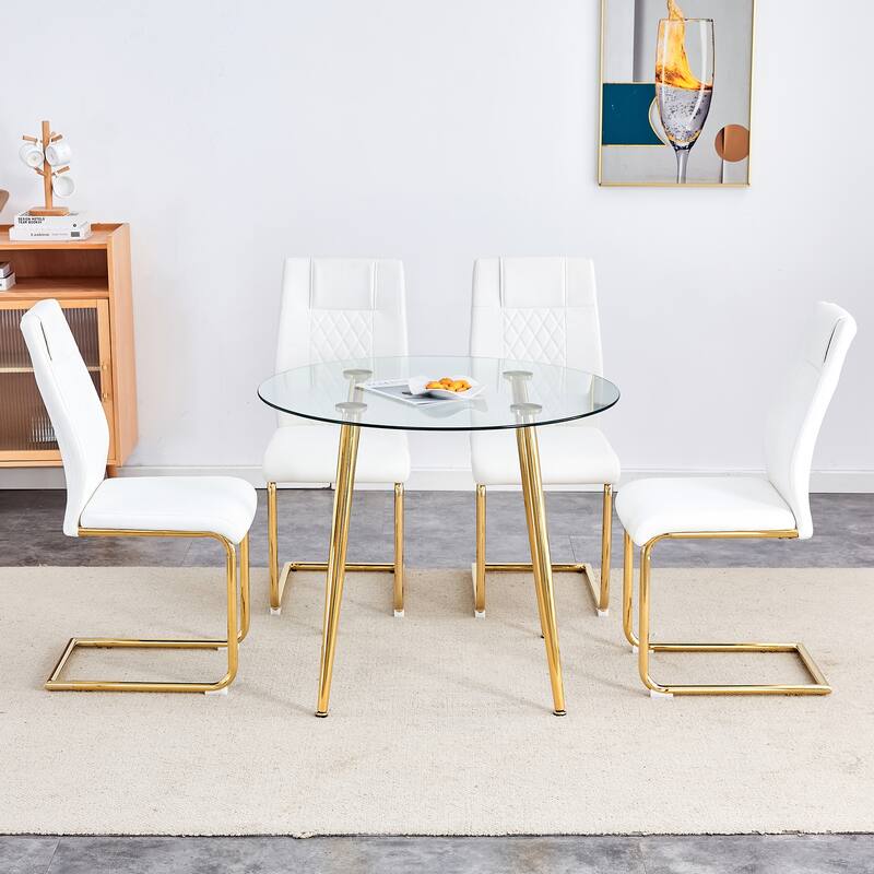 5 Piece Tempered Glass Dining Table Set for 4, Modern Round Table with 4 Upholstered Chairs for Kitchen, Office Conference Room