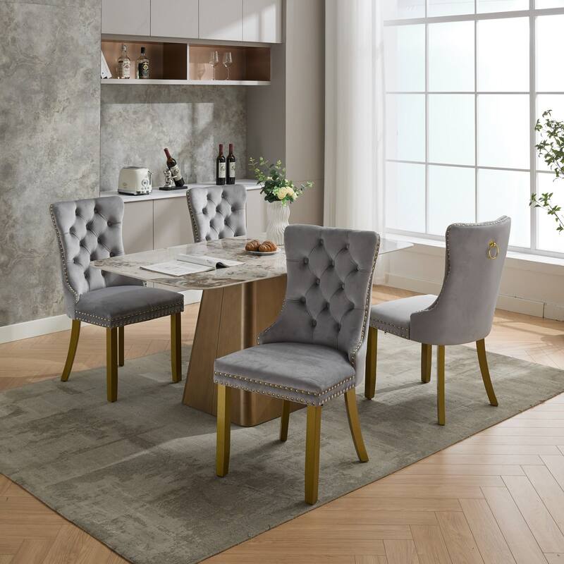 Nikki Collection Modern, Contemporary Velvet Upholstered Dining Chair with golden Wood Legs Nailhead Trim 2-Pcs Set