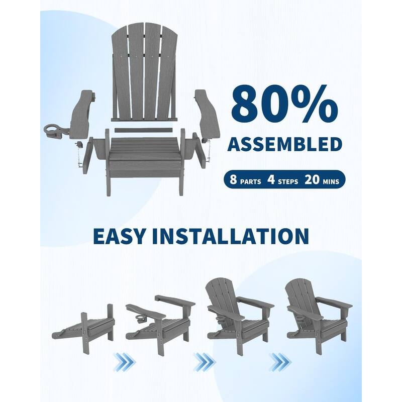 2-Pack Folding Adirondack Chairs HDPE All-Weather Outdoor Seating with Cup Holder and Wood-Look Texture