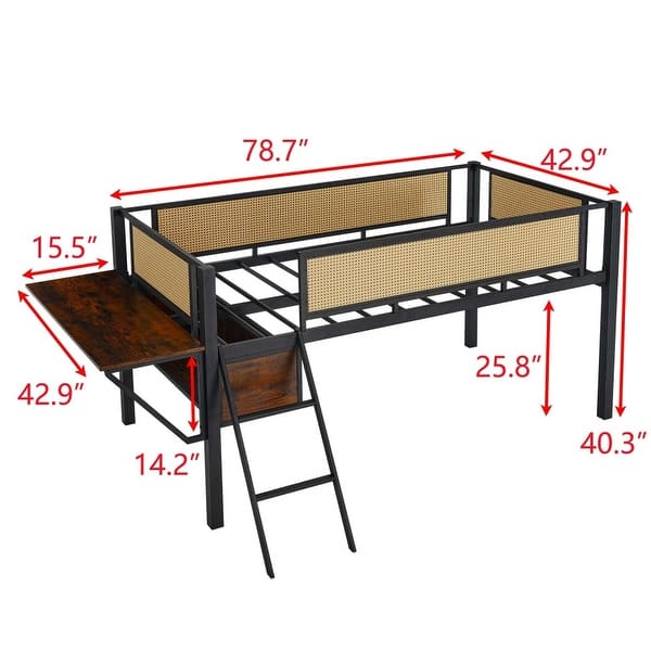 dimension image slide 0 of 4, Single Metal Loft Bed with Rectangular Desk, LED Lights, Storage Shelves and Hanging Storage Compartments