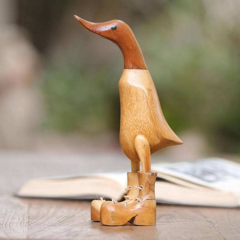 Novica Handmade Rain Boot Duck Wood And Bamboo Root Sculpture