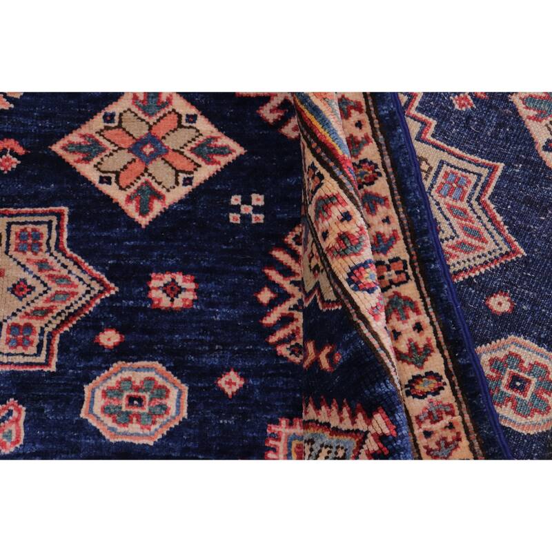 Caucasian Super Kazak Calliope Blue/Gold Hand Knotted Wool Rug - 4'1'' x 5'9''