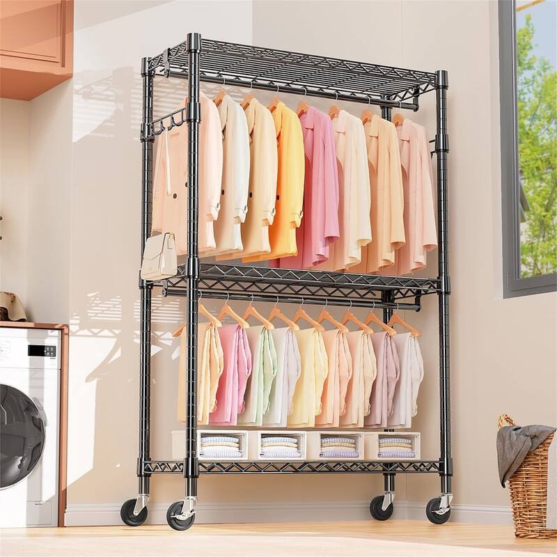 Heavy Duty Rolling Garment Rack 3 Tiers - 17.7"D x 47.2"W x 83.6"H - Black 3 Tier with 2 rod