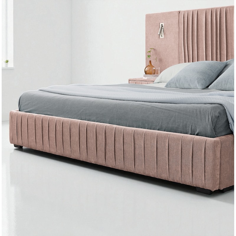 Queen Upholstered Platform Bed with Pleated Chenille Headboard, Built-in Bedside Table & Adjustable Lamps, No Box Spring