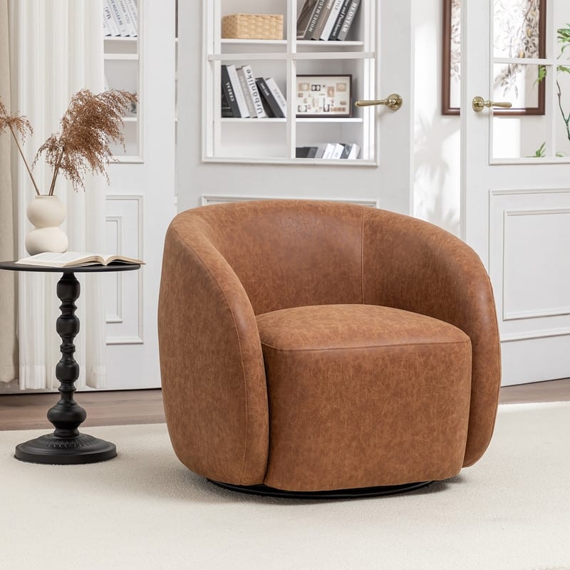 SEYNAR Modern Glam PU Leather 360 Degree Swivel Accent Armchair - Brown