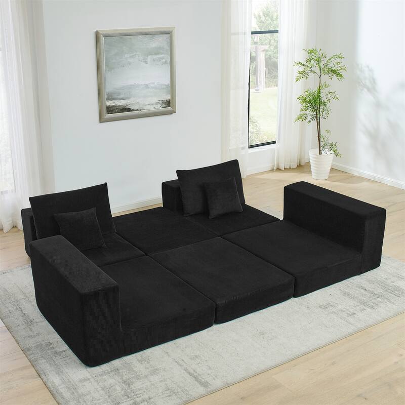 Folding Deep Seat Couch Modular L-shaped Sectional Sofa Corduroy Upholstered Sleeper Sofa Bed with Throw Pillows