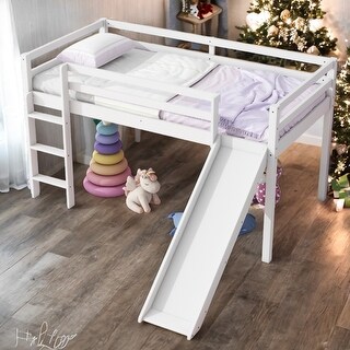 White Wood Twin Loft Bed Kids Bed with Slide and Underbed Space