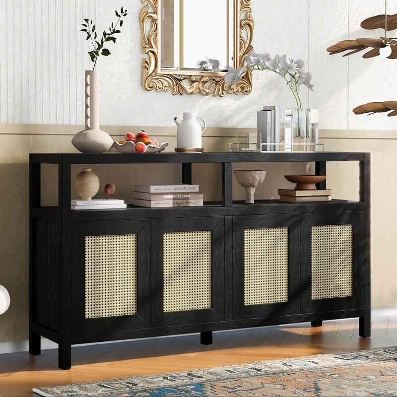 60" Bohemian Rattan Buffet Storage Cabinet with Adjustable Shelves for Functional Home Organization