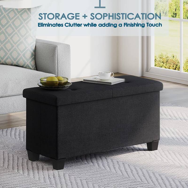 Folding Storage Ottoman Bench for Bedroom or Living Room Linen Fabric with Storage Bins,End of Bed Foot Rest, Holds Up To 660lbs
