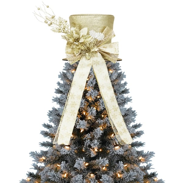 slide 2 of 8, Sparkling Champagne Gold Santa Hat Tree Topper with Bow & Snowflakes - 25cm Festive Decor for Xmas Tree & Tabletop. Gold