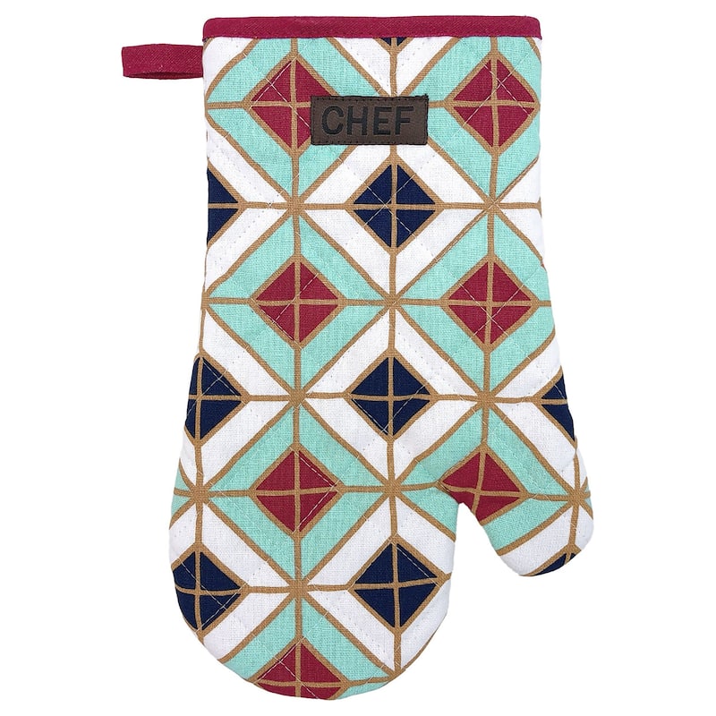 Chef's Vibrant Geometric Design Cotton Oven Mitt - Heat Resistant 11x7 Inch - Stylish Kitchen Essential - 11"L x 7"W x 1"H