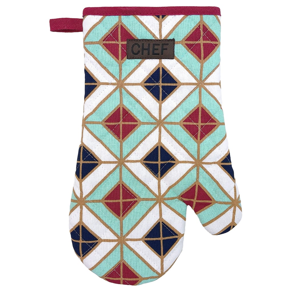 Chef's Vibrant Geometric Design Cotton Oven Mitt - Heat Resistant 11x7 Inch - Stylish Kitchen Essential - 11"L x 7"W x 1"H