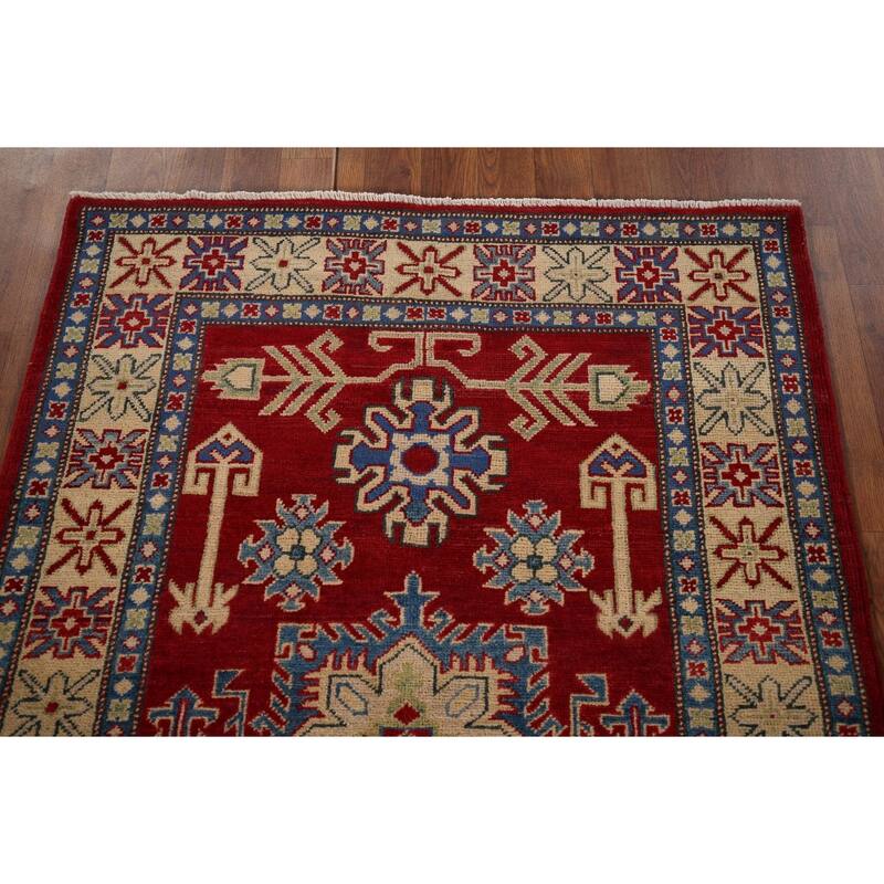 Red Geometric Kazak Foyer Rug Handmade Traditional Wool Carpet - 3'5" x 4'11"